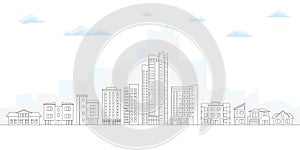 City Skyline. Outline Cityscape. Urban Landscape with Buildings and Houses. Thin line City Background. Vector illustration